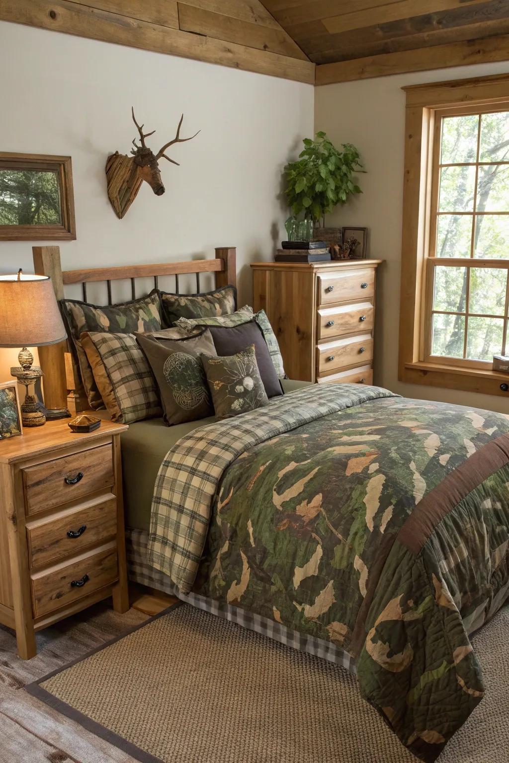 Military camo designs incorporate a whimsical yet thematic touch to your space.