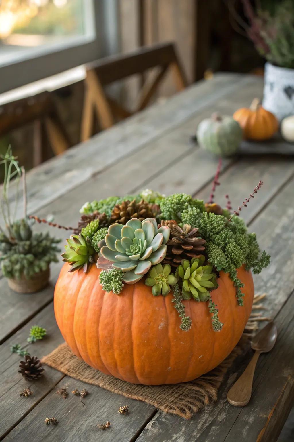 A gourd topped with succulents for a revitalizing and organic display.
