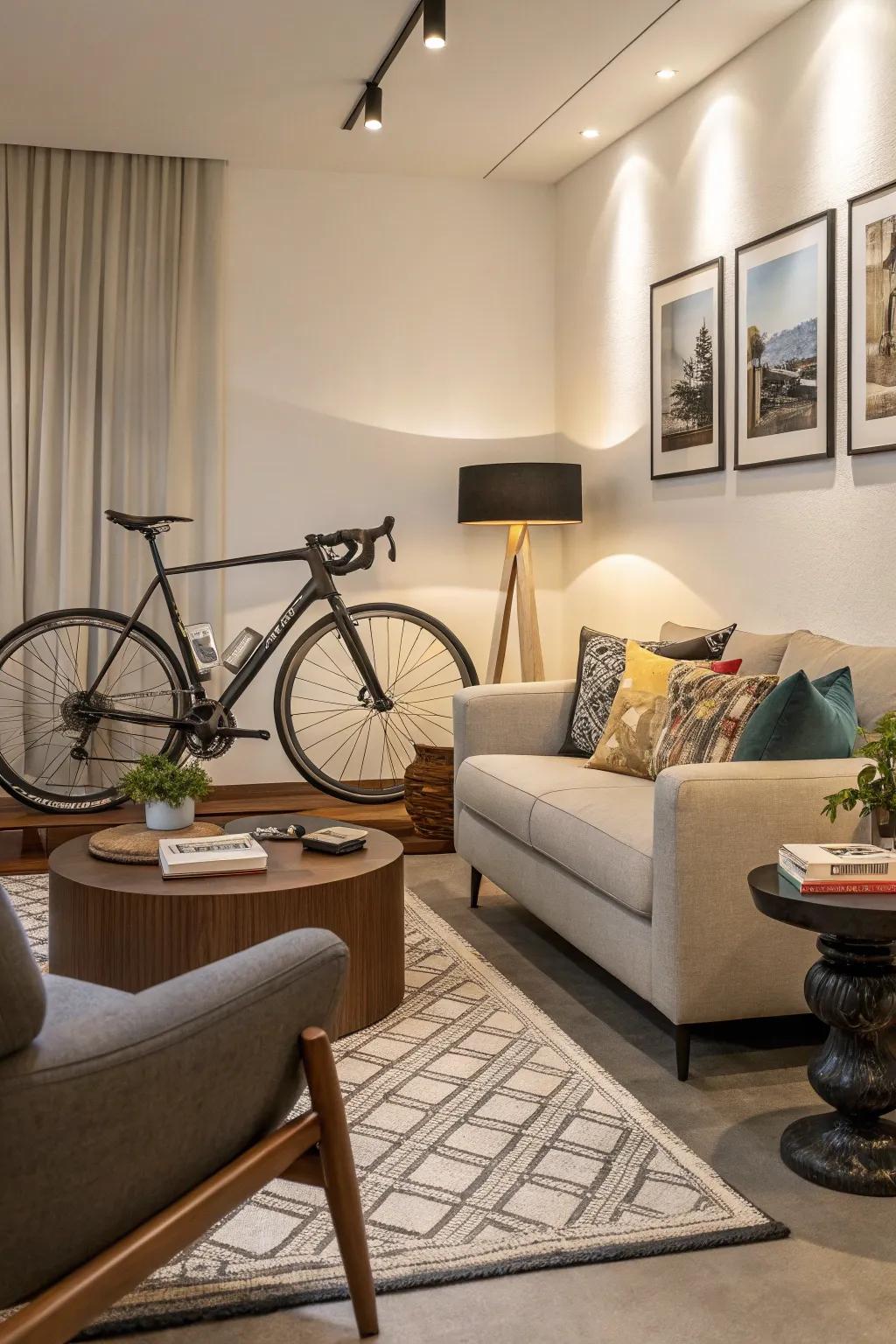 A bicycle integrated effortlessly into the room's decor.