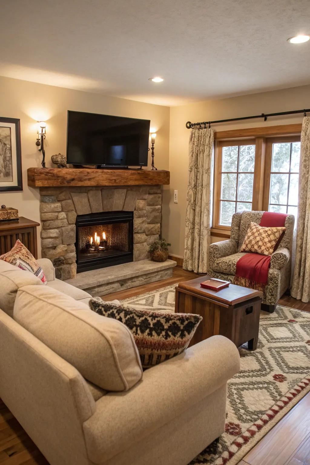 A cozy living space featuring a fireplace and TV setup, ideal for watching movies.