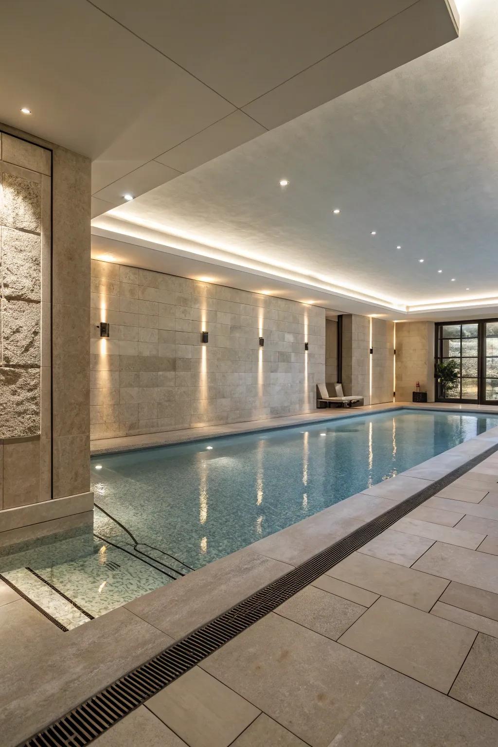 A sophisticated indoor pool featuring sleek stone finishes