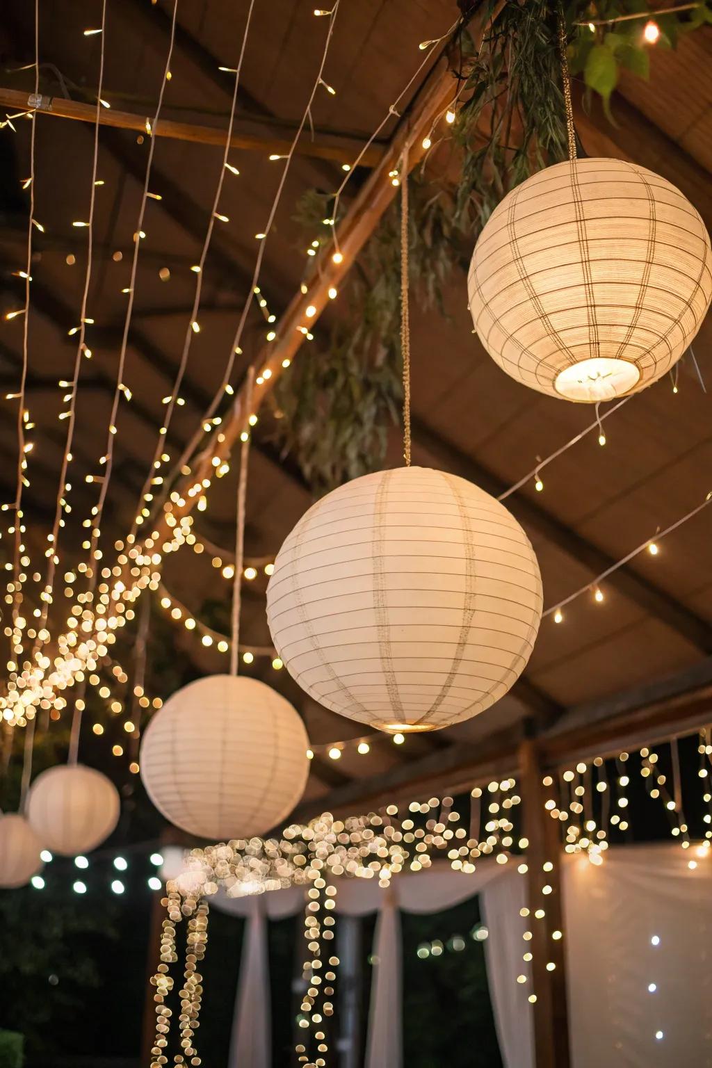 Create an enchanting atmosphere with twinkle lights and paper lanterns on the ceiling.