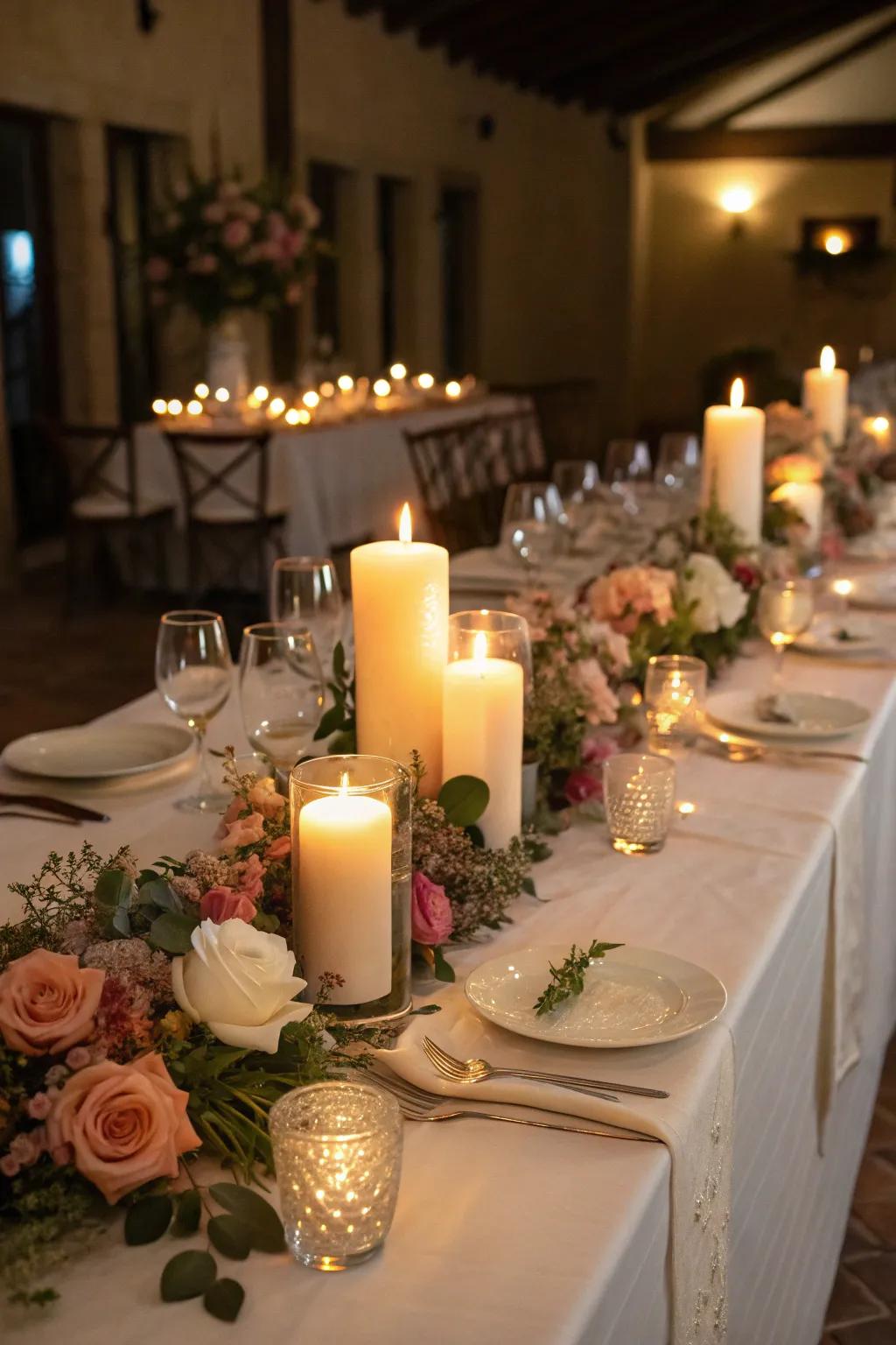 Gentle taperlight graces a reception dining table.