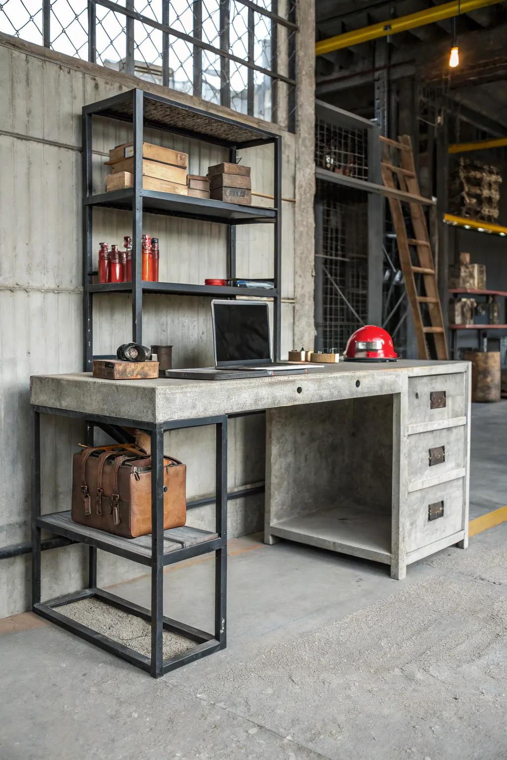 Concrete and steel fashion a bold and resilient industrial desk.