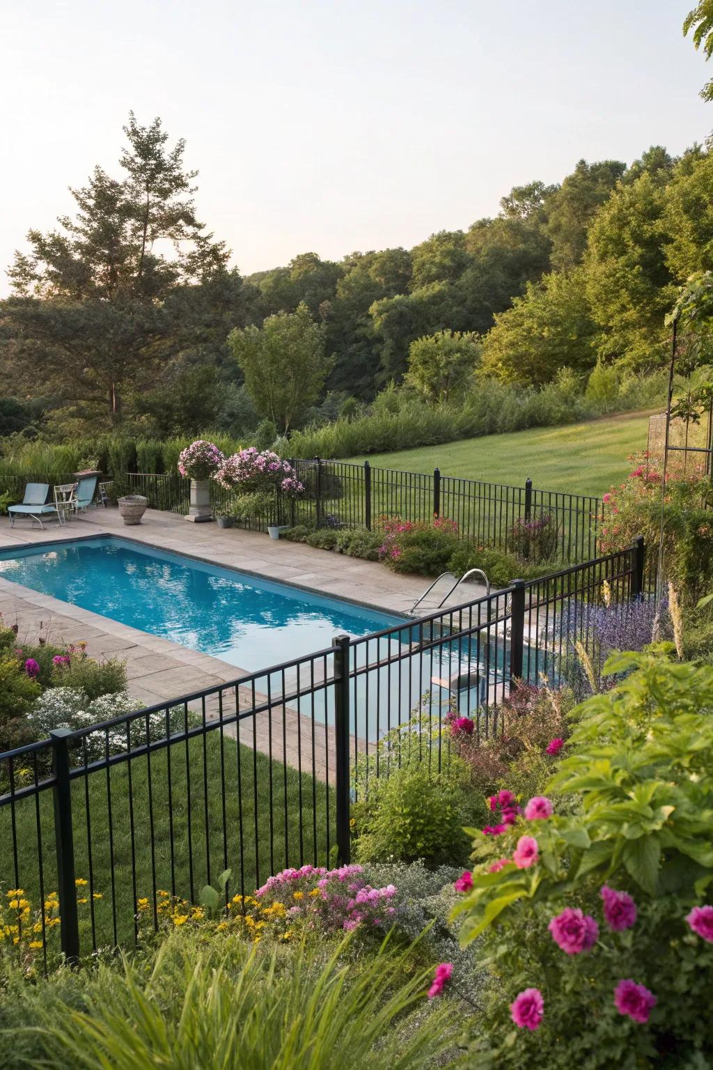 Enclosures interwoven with verdure fashion a serene and organic pool milieu.