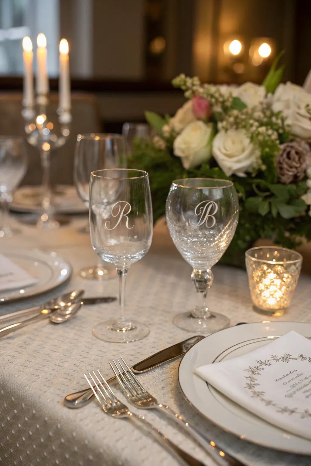 Enhance elegance with etched monograms on glassware.