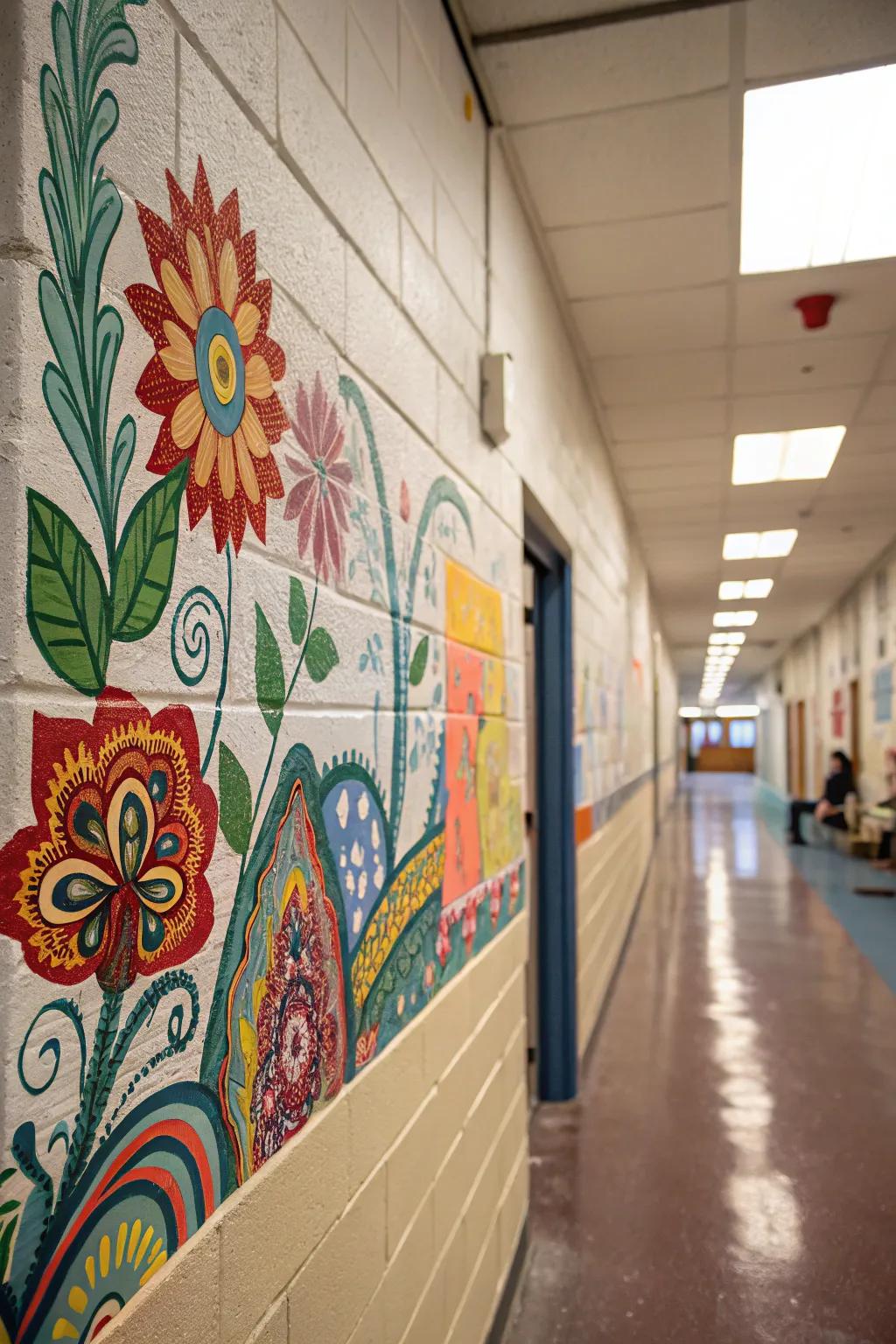 A striking mural transforms a cinder block wall into an artistic masterpiece.