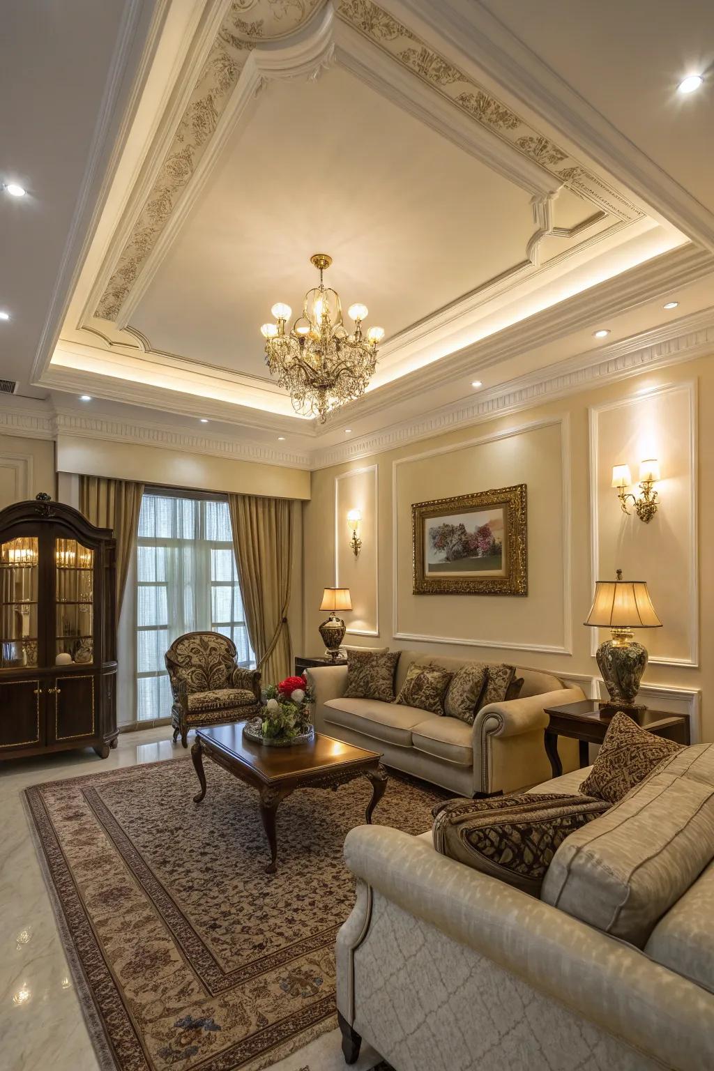 Lavish living space showcasing sophisticated crown molding.
