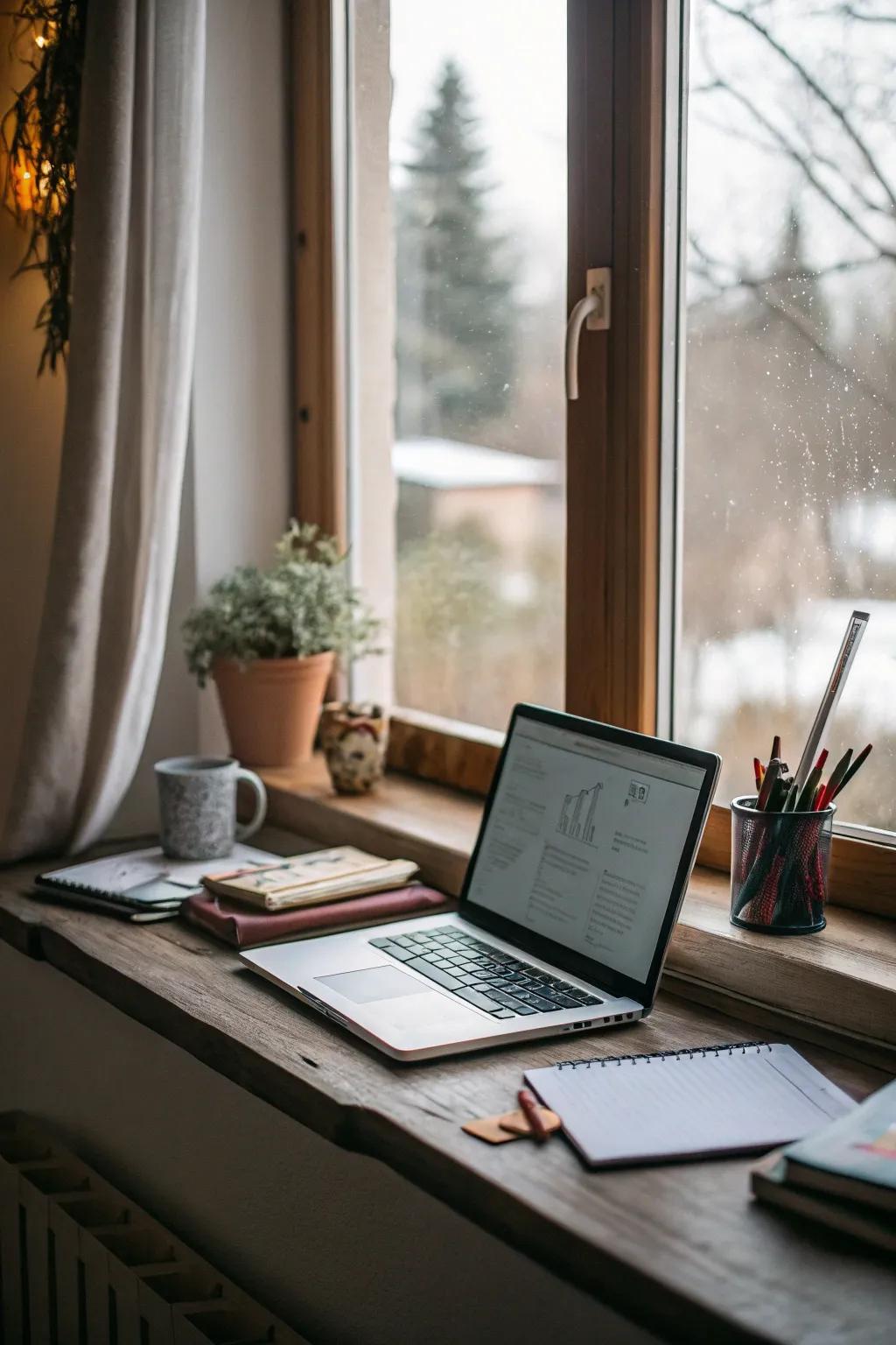 A window sill ingeniously turned into a useful desk area.