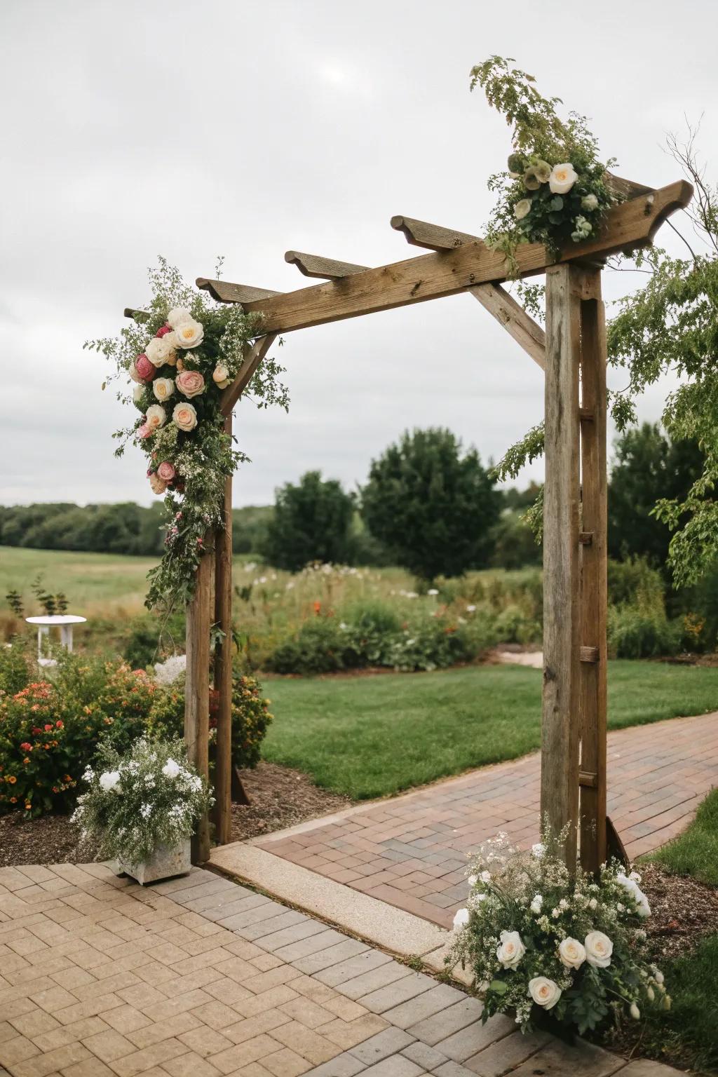 A country-style wooden archway decorated with flowers creates a captivating vista.