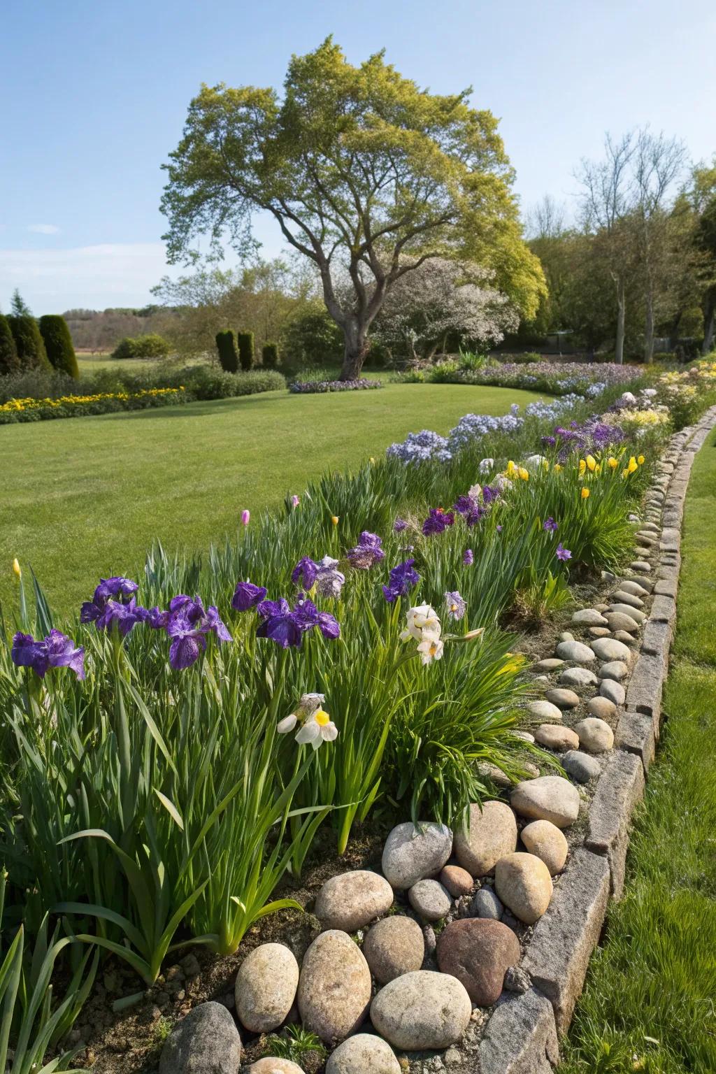 Glimmer flower beds stylishly outlined with natural stone borders.
