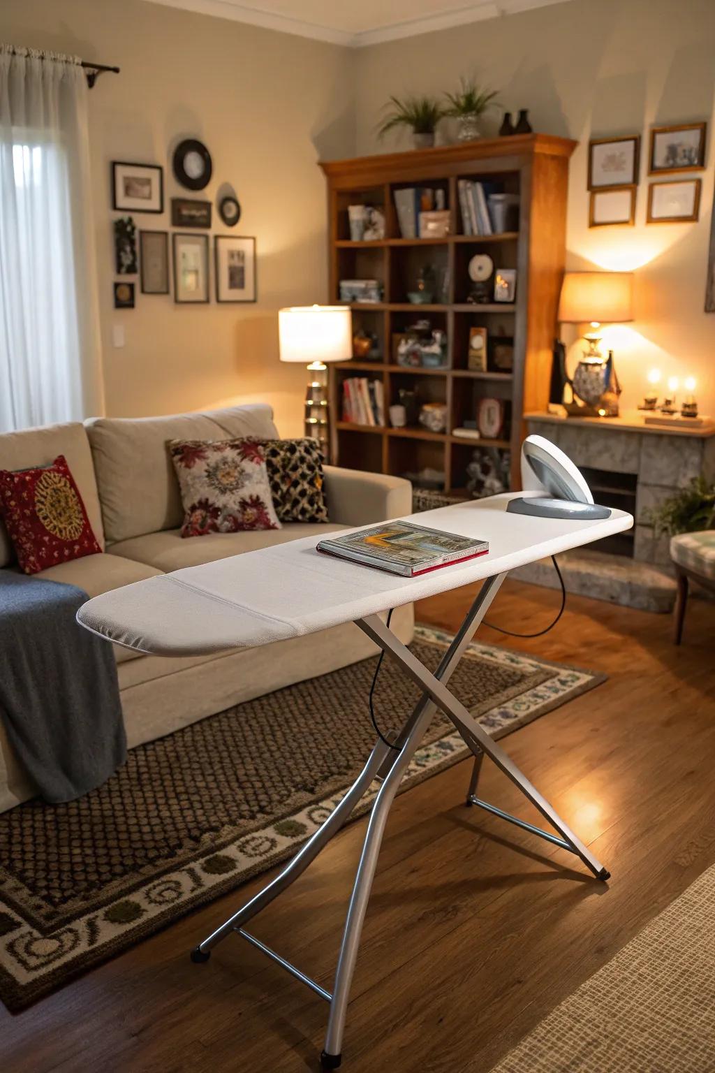 A convertible ironing surface table in a comfortable living room.