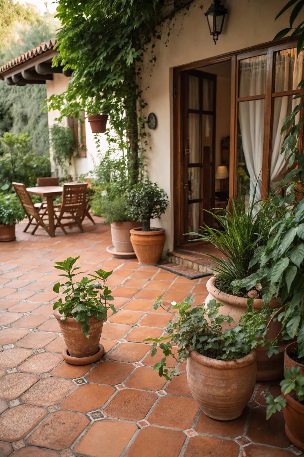 Terracotta tile flooring brings warmth and personality to a patio inspired by Italy.