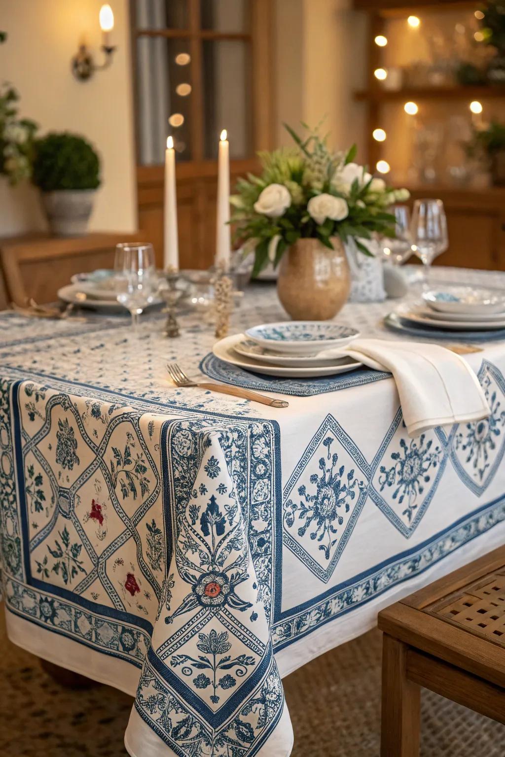 Patterned linens introduce Mediterranean flair.