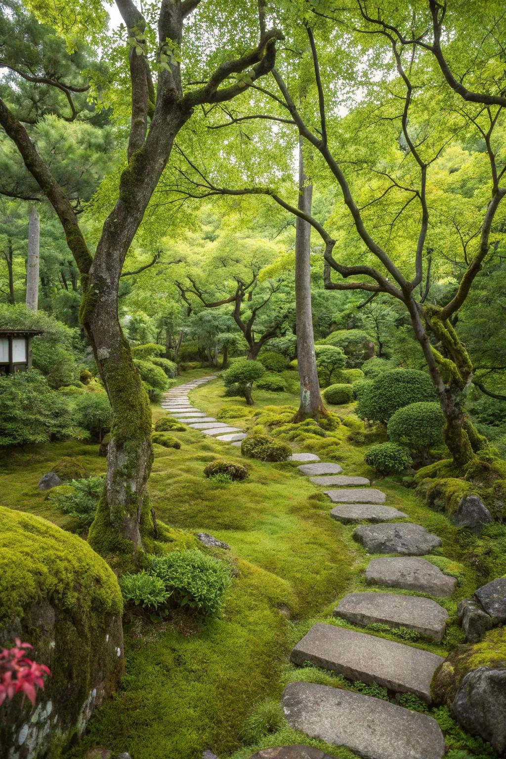 A vibrant Japanese garden showcasing an array of trees and moss.