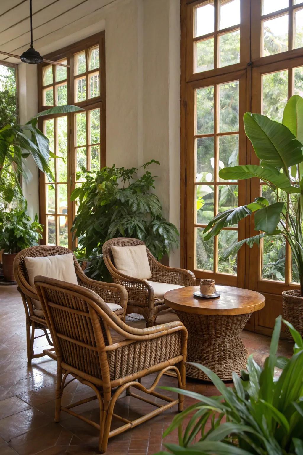 Natural elements like wood and rattan amplify the jungle aesthetic.