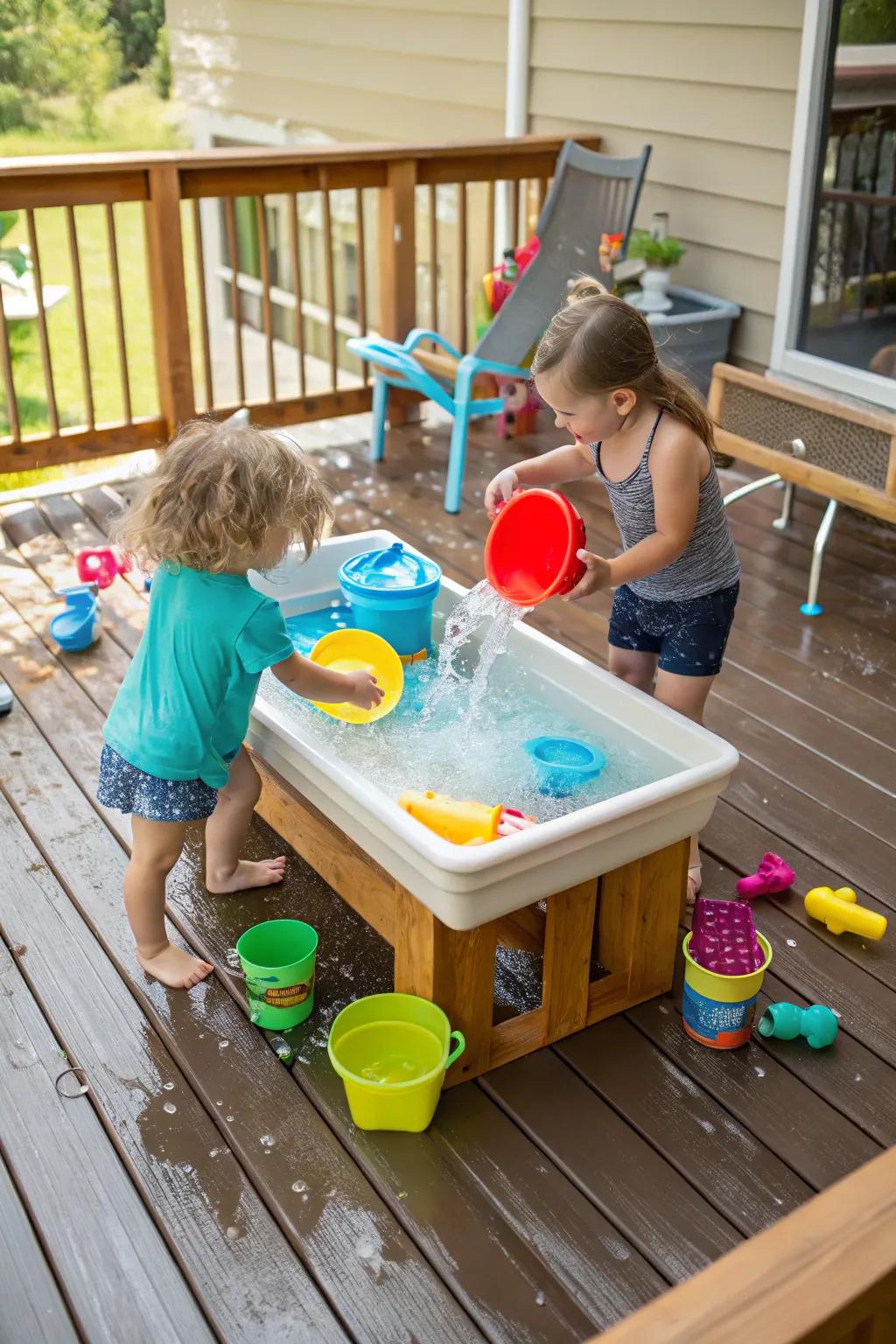 A deck with a water table where kids are playing joyfully, surrounded by various water toys.