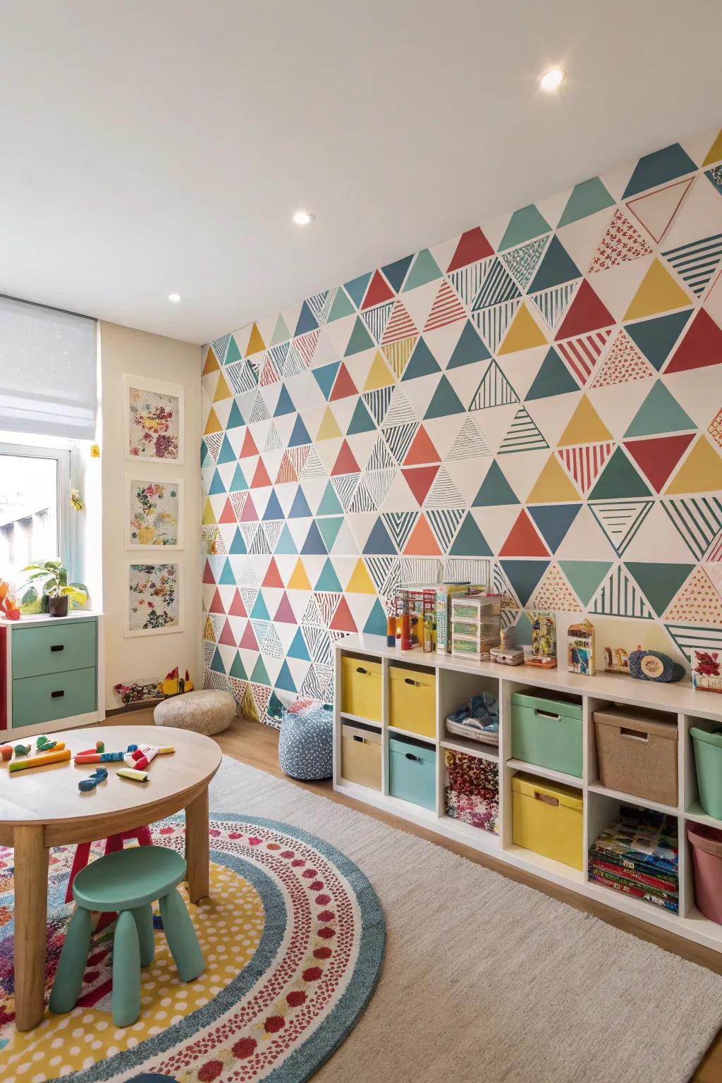 A playroom presents geometric patterned wallpaper, introducing a hint of modern charm.