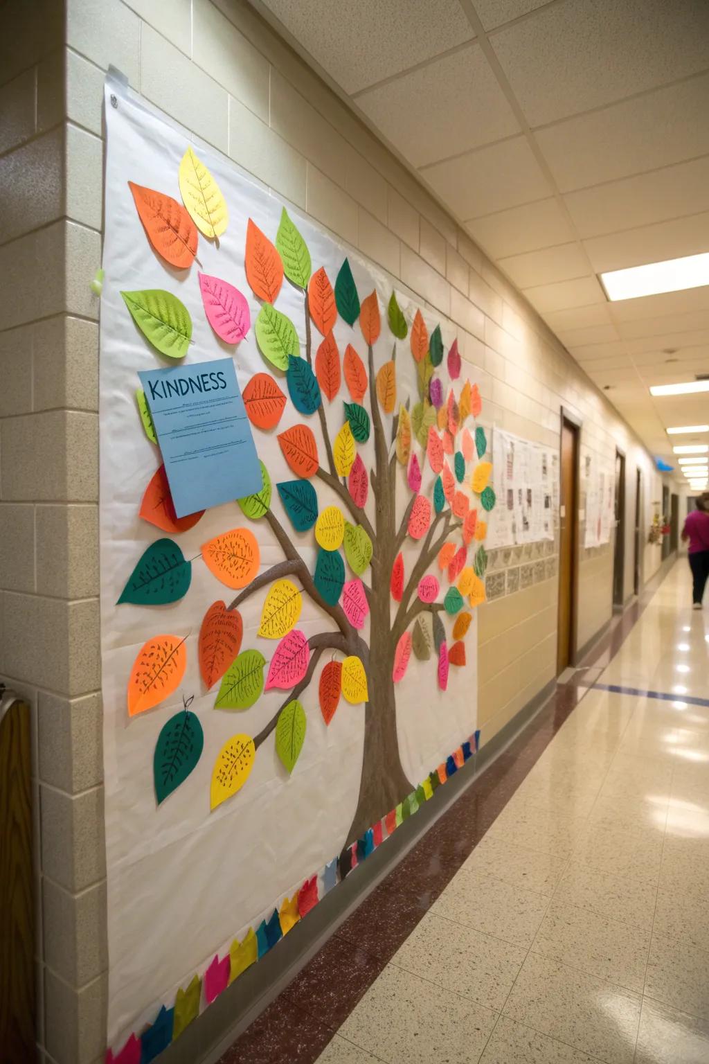 A hallway kindness plant bulletin board adorned with colorful leaves representing acts of kindness.