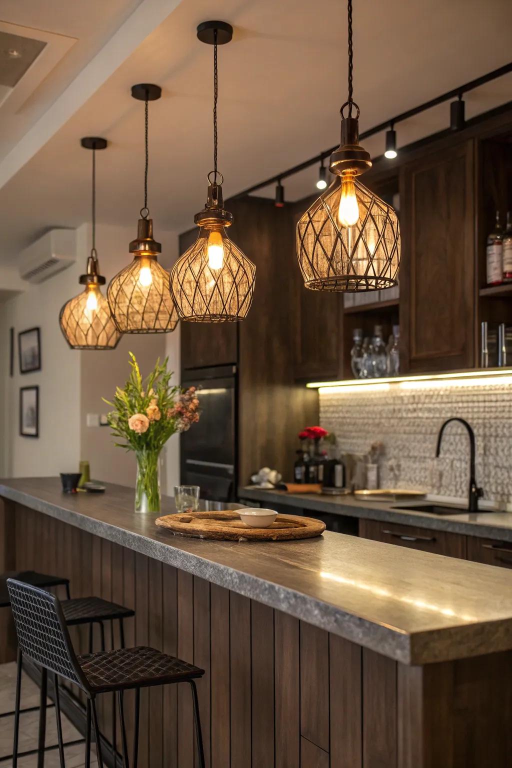 Stylish suspended lights introduce a cozy glow to the kitchen bar.