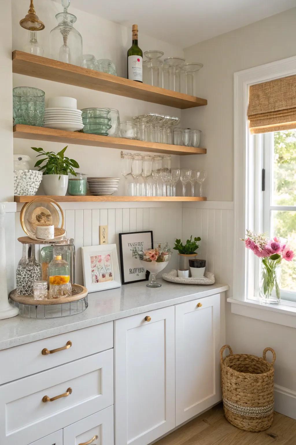 Open shelving gives tiny kitchen bars flair and storage.