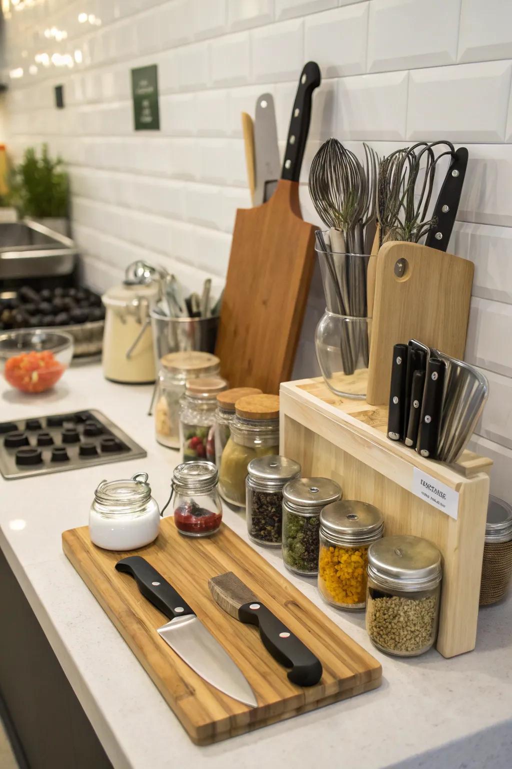 A useful display featuring chopping surfaces and culinary essentials maintains everything readily accessible.