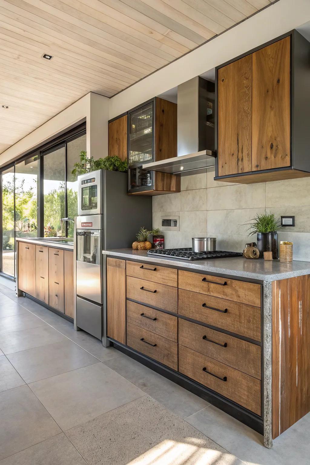 Blending materials in cupboard finishes establishes a vibrant and textured kitchen design.