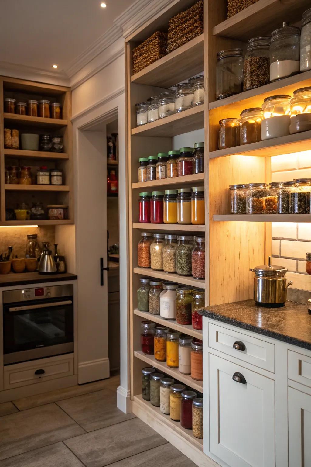A corner pantry makes the most of storage by using vertical space.