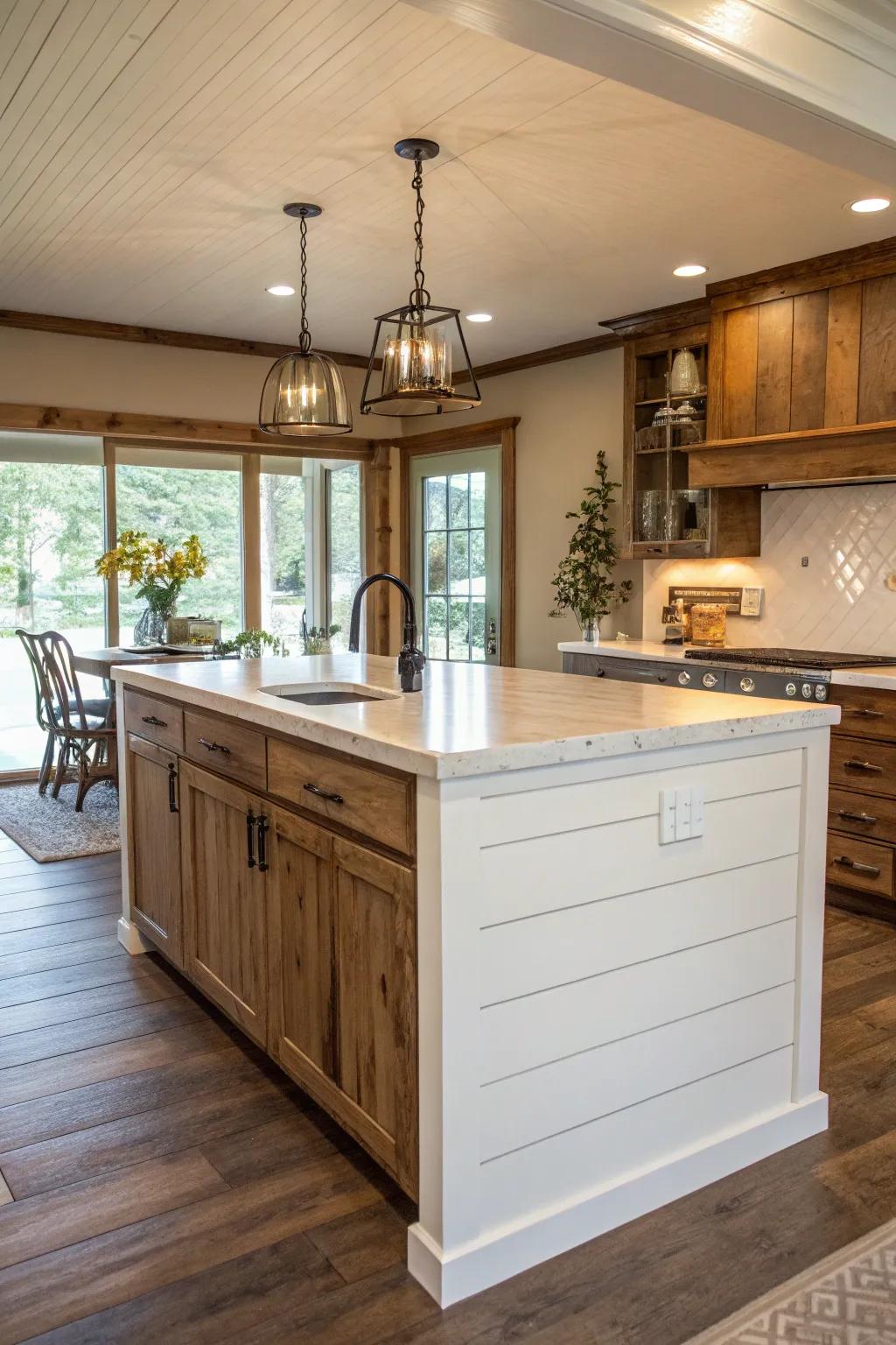 Timeless white plank paneling infuses a homestead allure to this cooking area focal point, radiating coziness and ease.