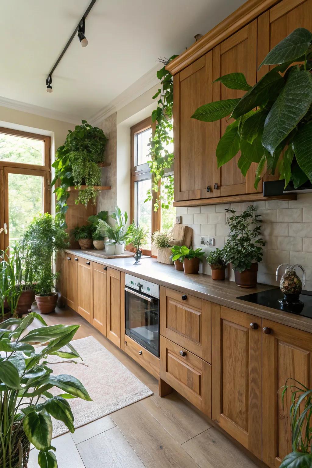 A culinary space enriched with organic elements such as wood and flora.