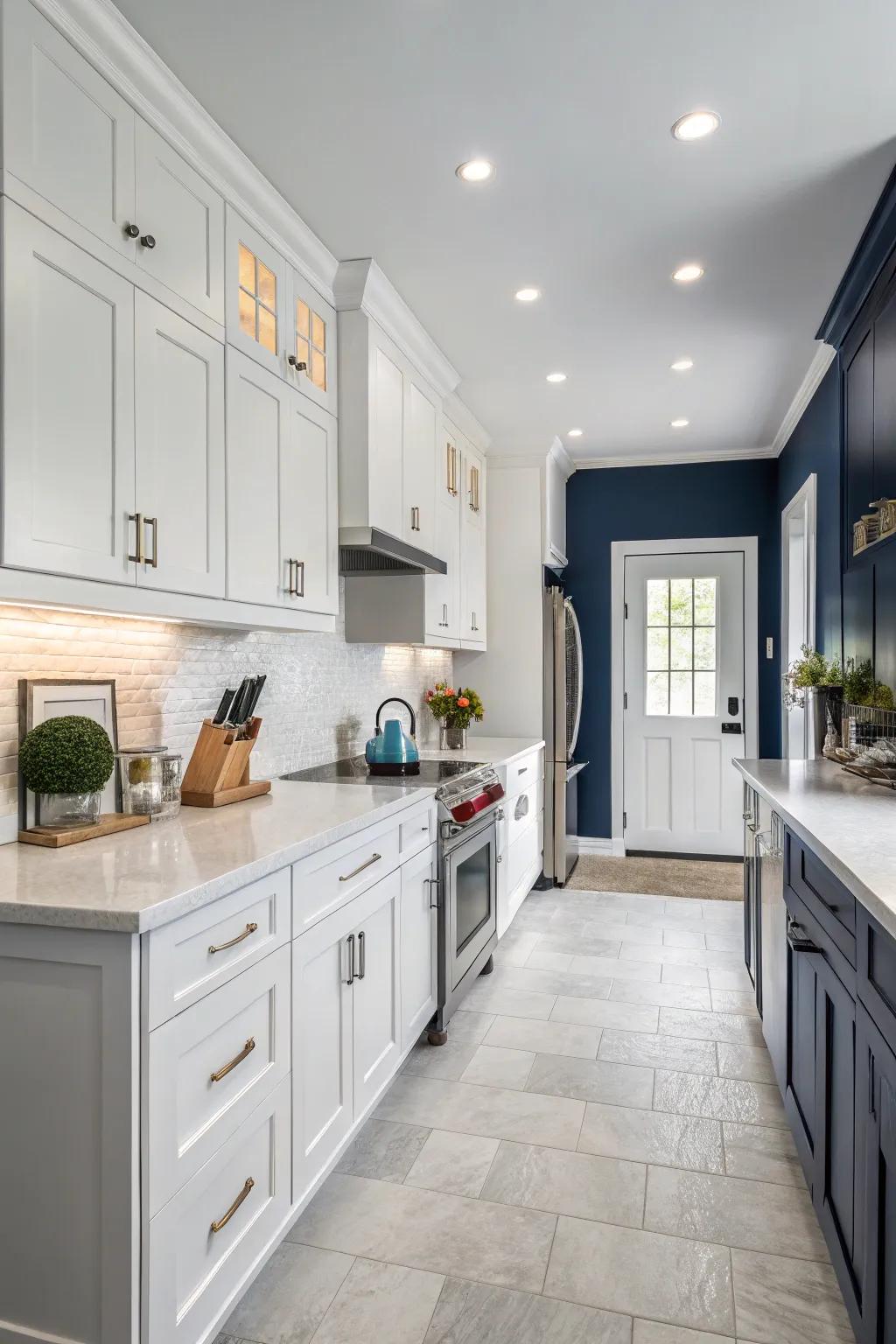 Navy blue walls provide a striking contrast to white cabinets.