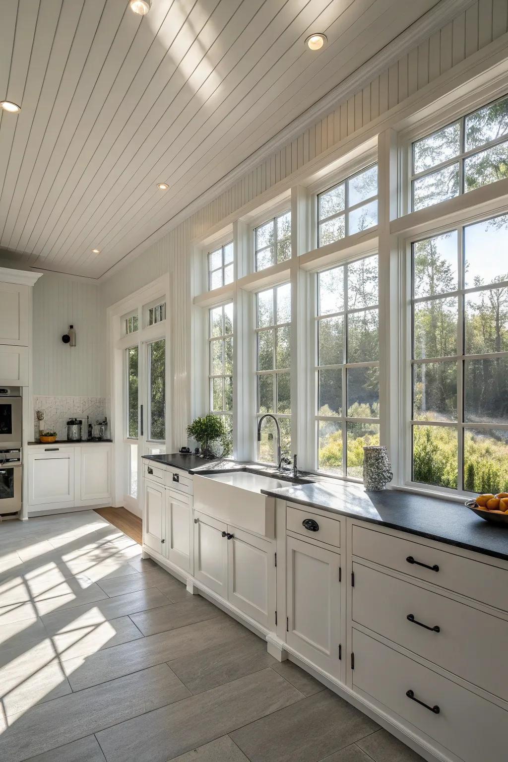 White paneling maximizes brightness and a sense of openness.