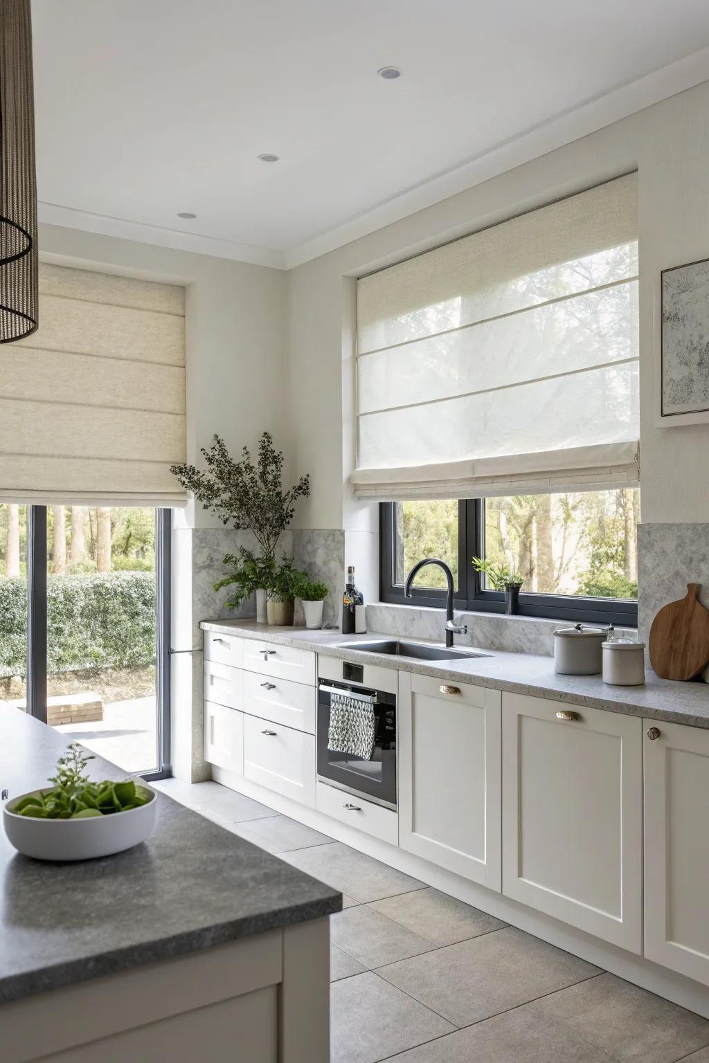 Uniform hues amplify the modern minimalist kitchen.