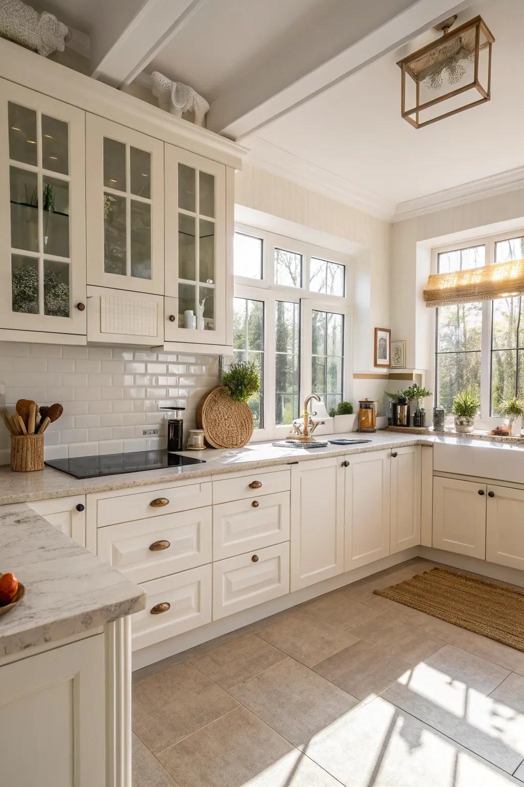 A sunlit and spacious kitchen rendered in shades of white and light.