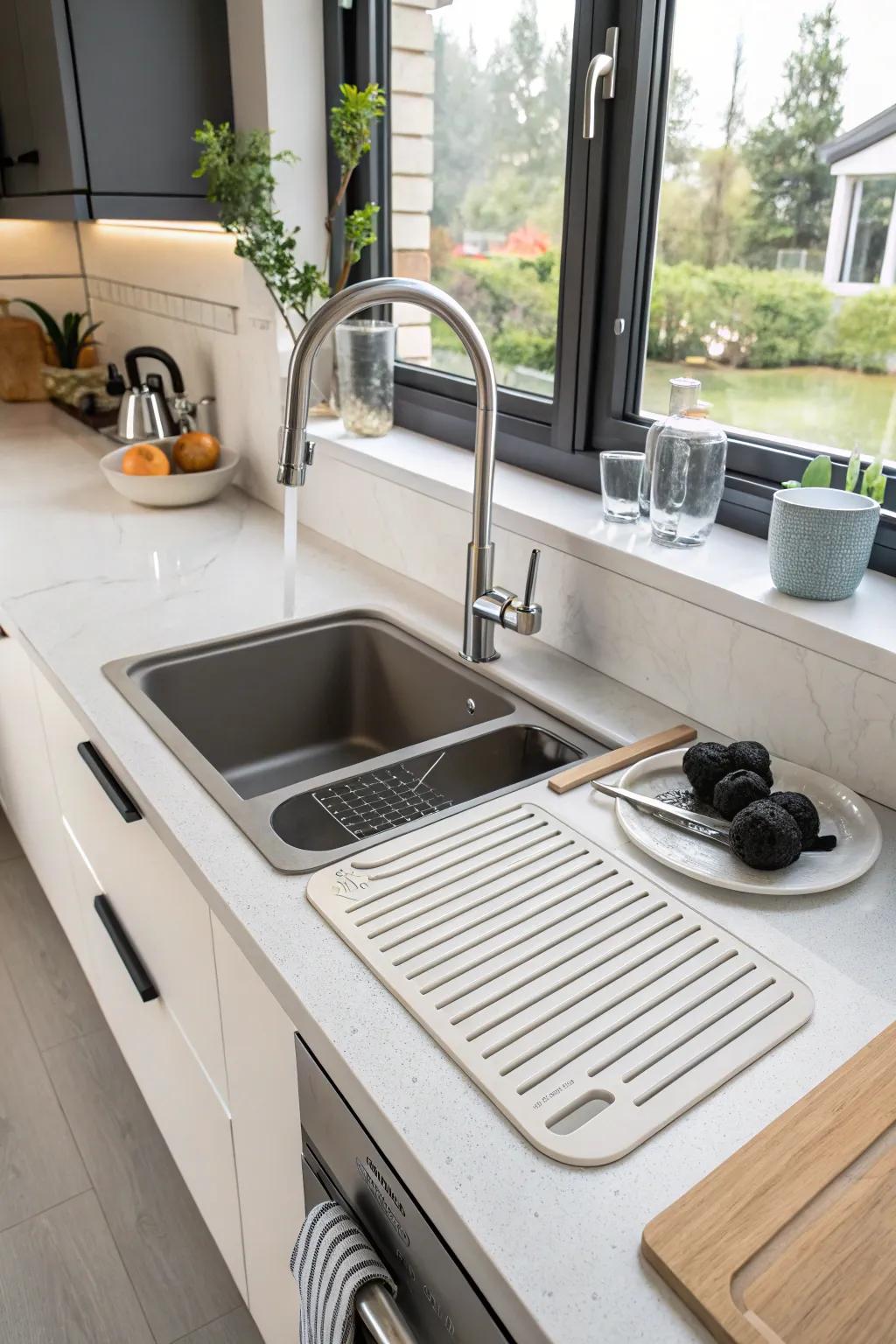 A contemporary kitchen featuring a built-in draining board for extra convenience.