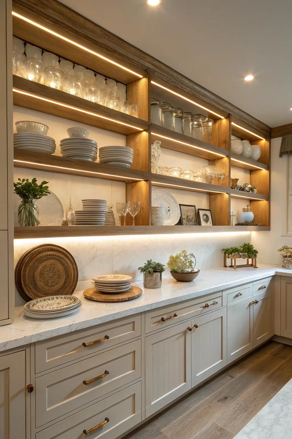 Display your kitchen treasures with illuminated shelves.