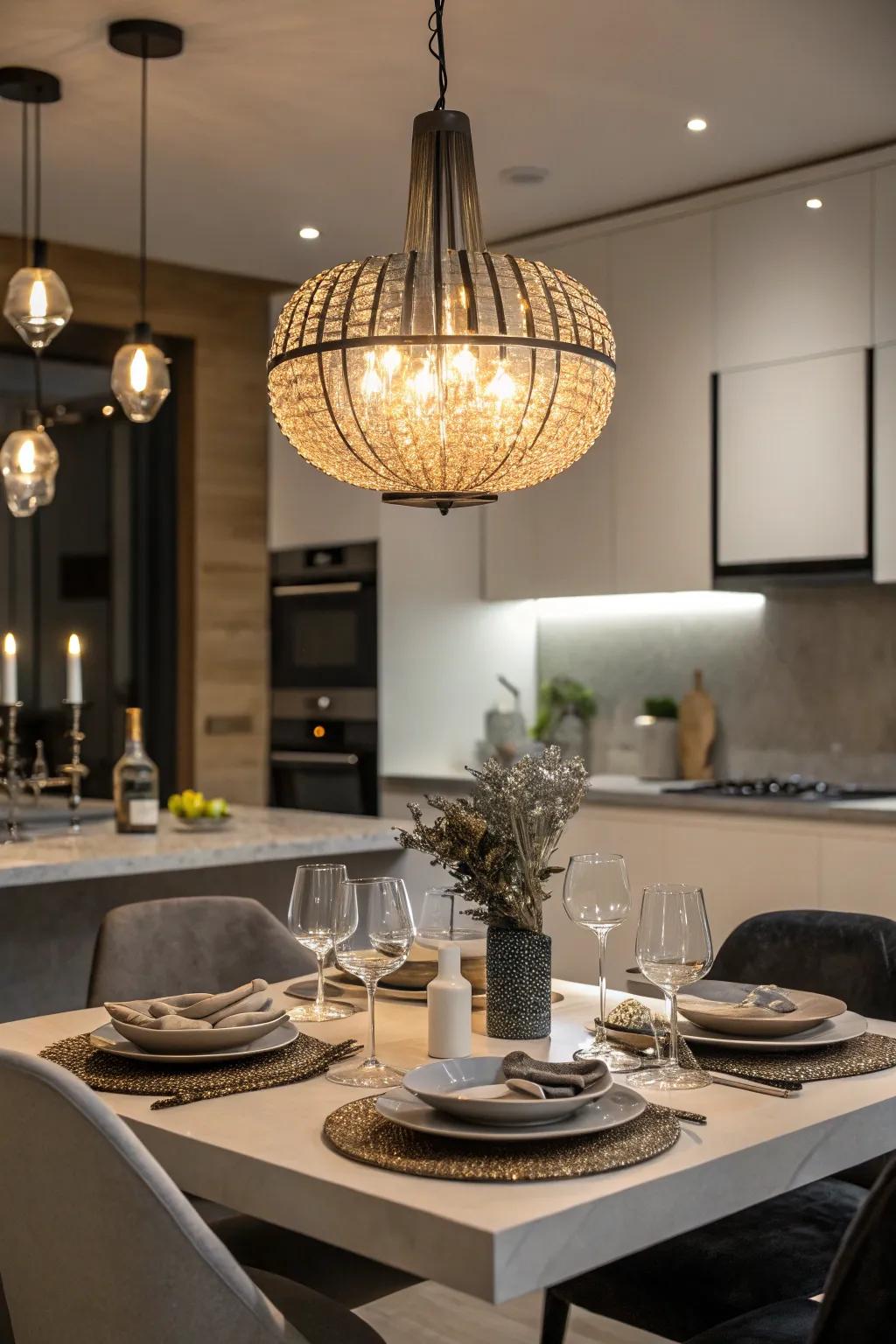 Statement illumination adds drama and style to the eating area.
