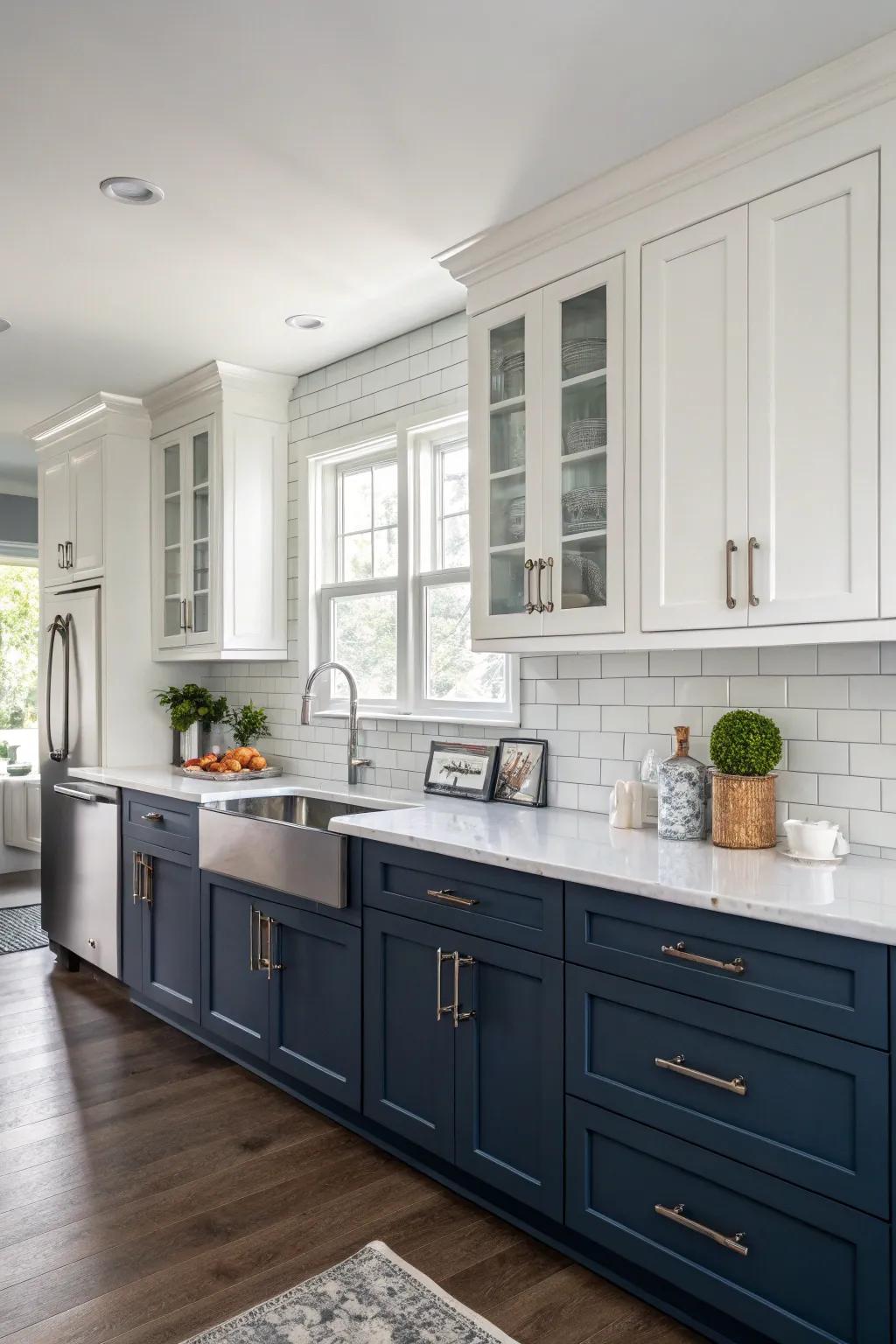 Two-tone cabinets provide a striking look to this kitchen.