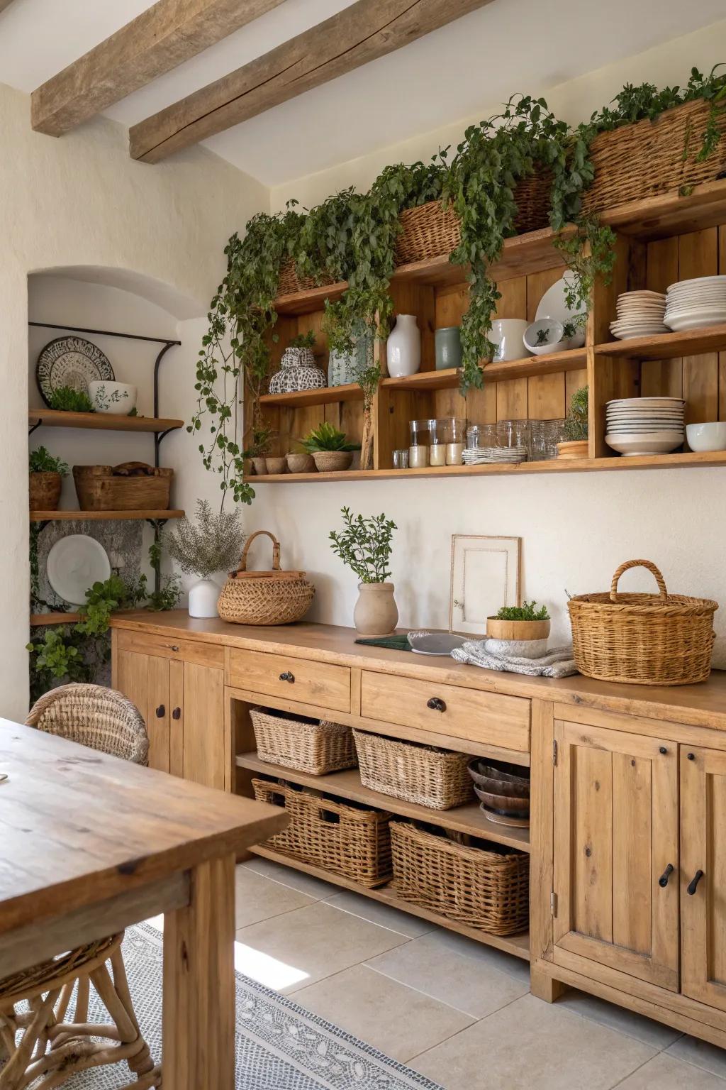 A kitchen featuring natural wood and wicker elements, creating warmth and texture.