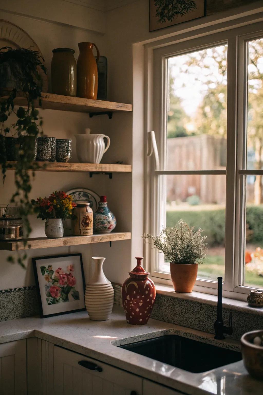Ornamental vases and artistic pieces on kitchen window shelves create a main point of focus.