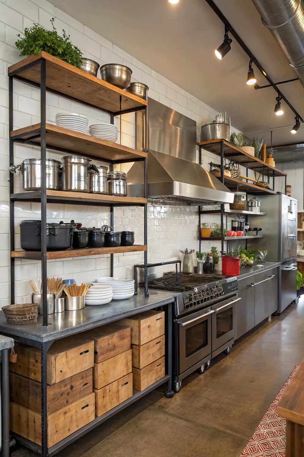 The urban industrial mix of timber and metal crafts a unique kitchen style.