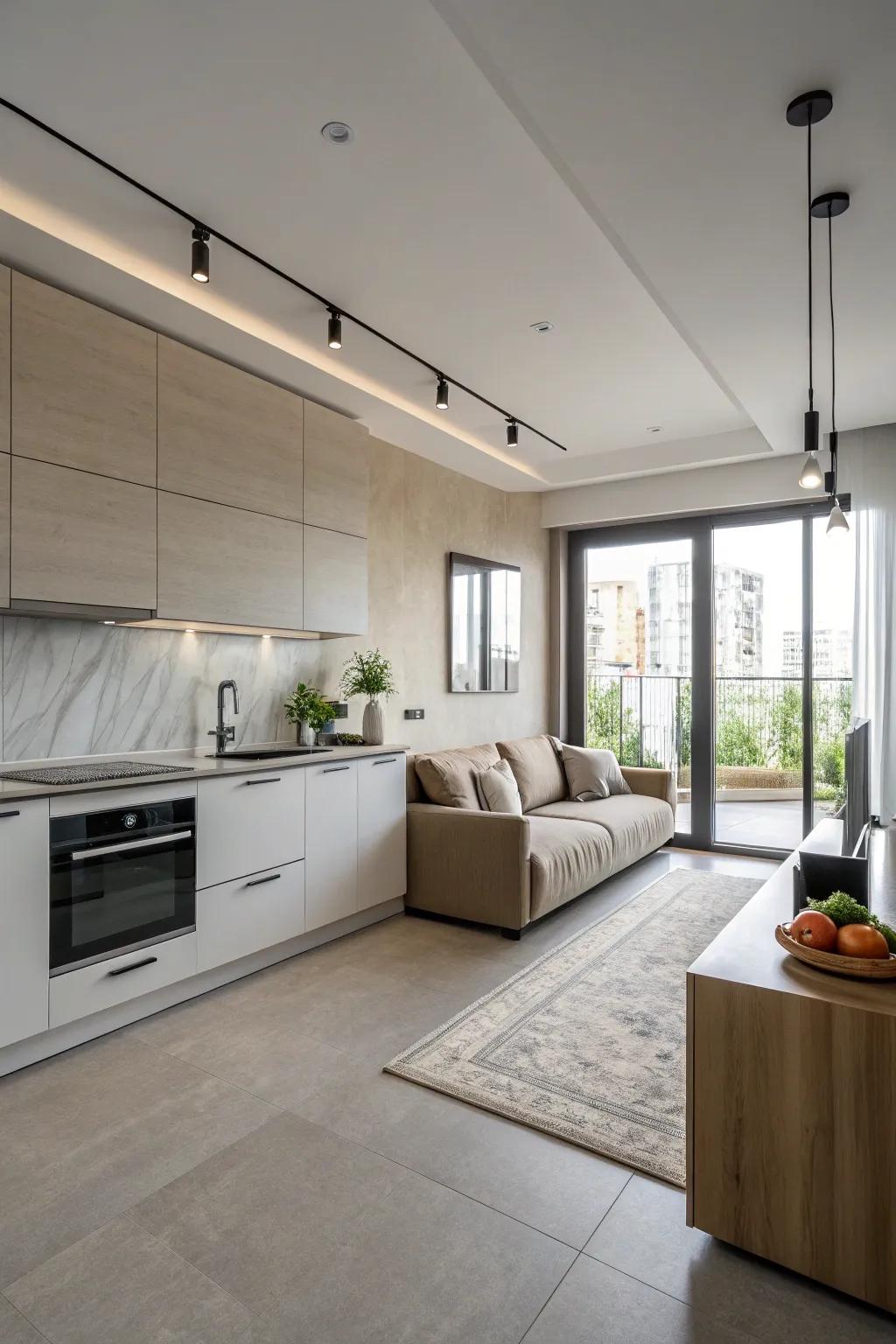 A contemporary kitchen design featuring a streamlined sofa, highlighting modern design principles.