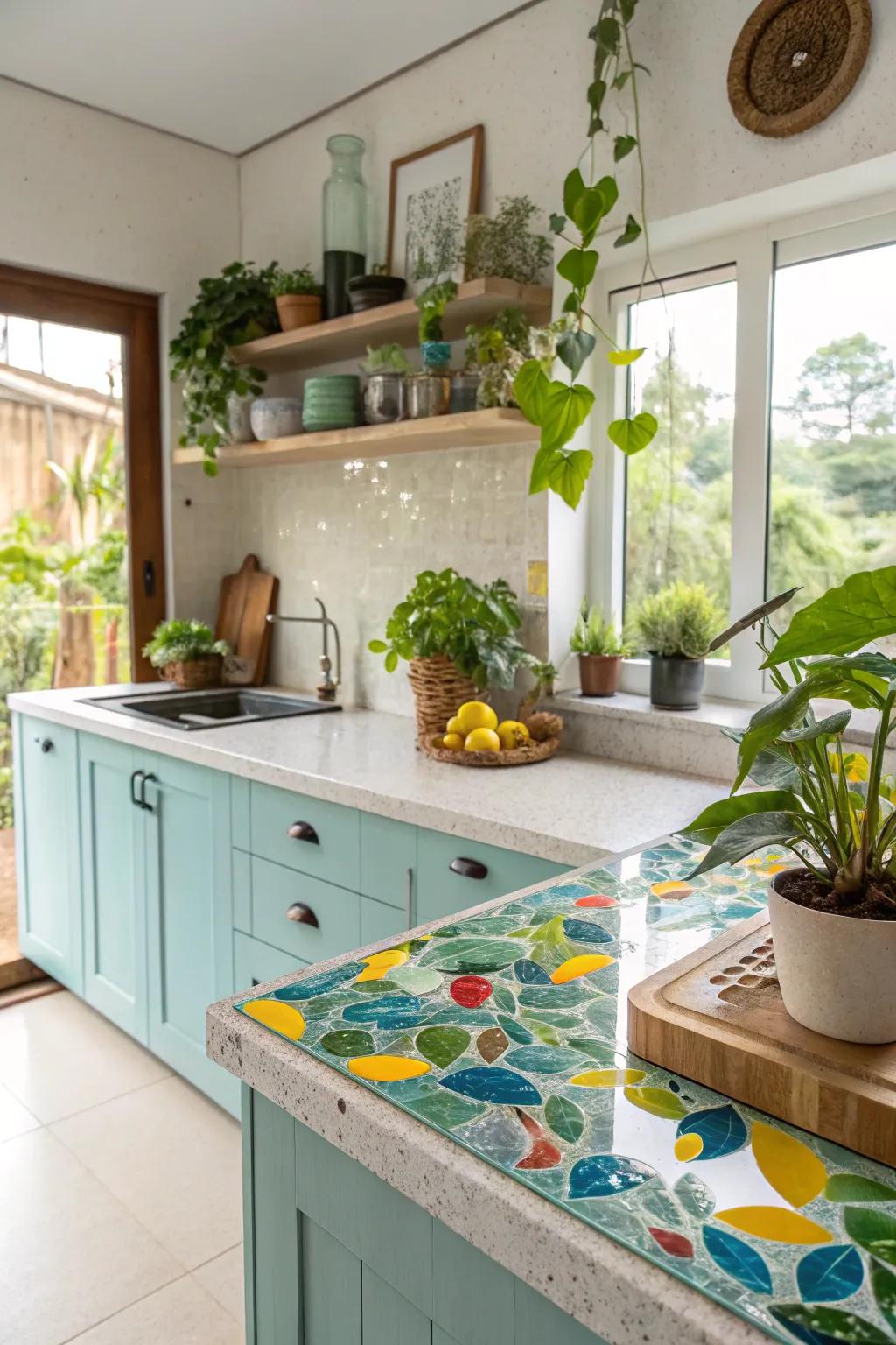 Recycled glass countertops represent a vibrant, environmentally conscious option.