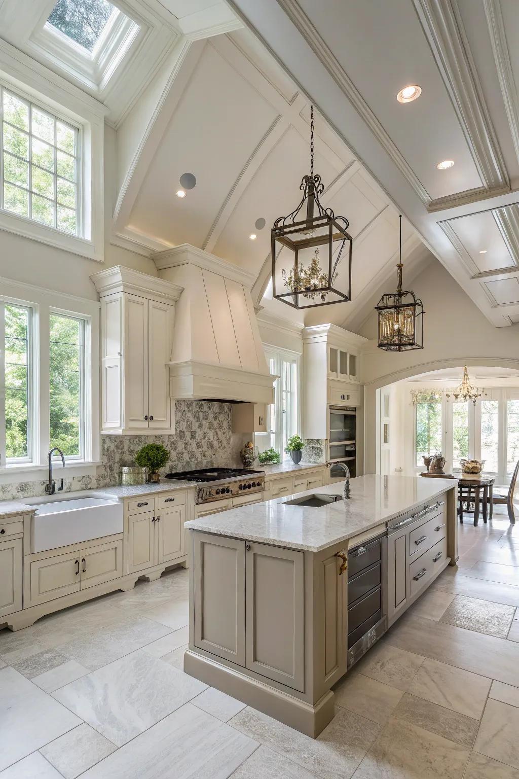 Subdued tones amplify the classiness and openness of the kitchen's elevated ceilings.
