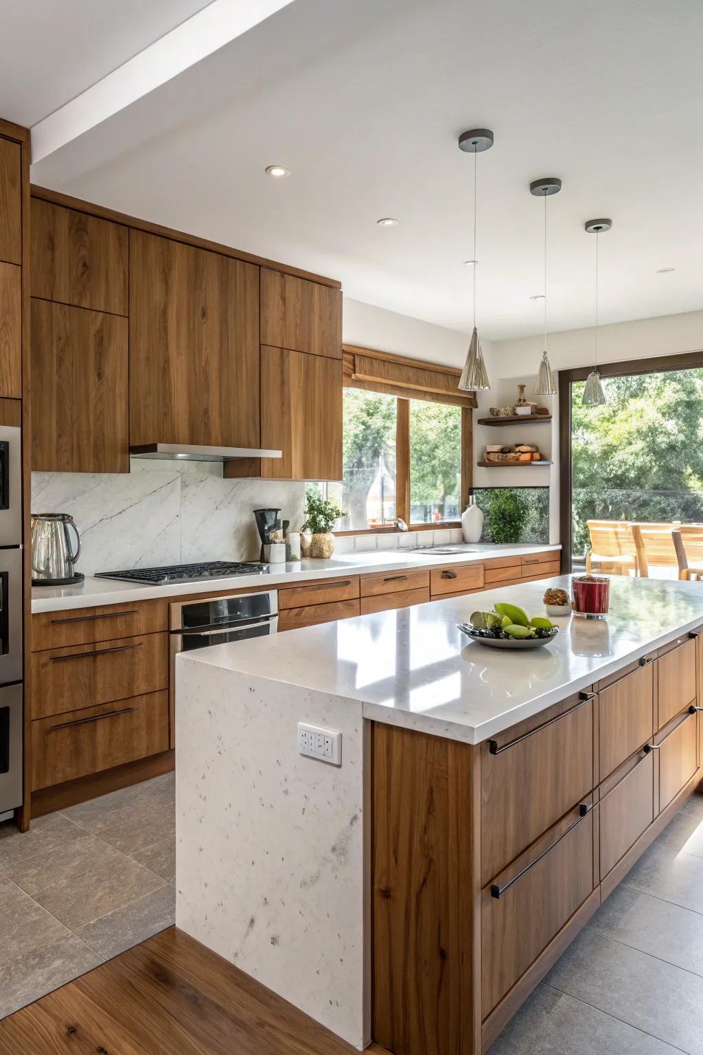 Quartz worktops paired with cozy wood elements.