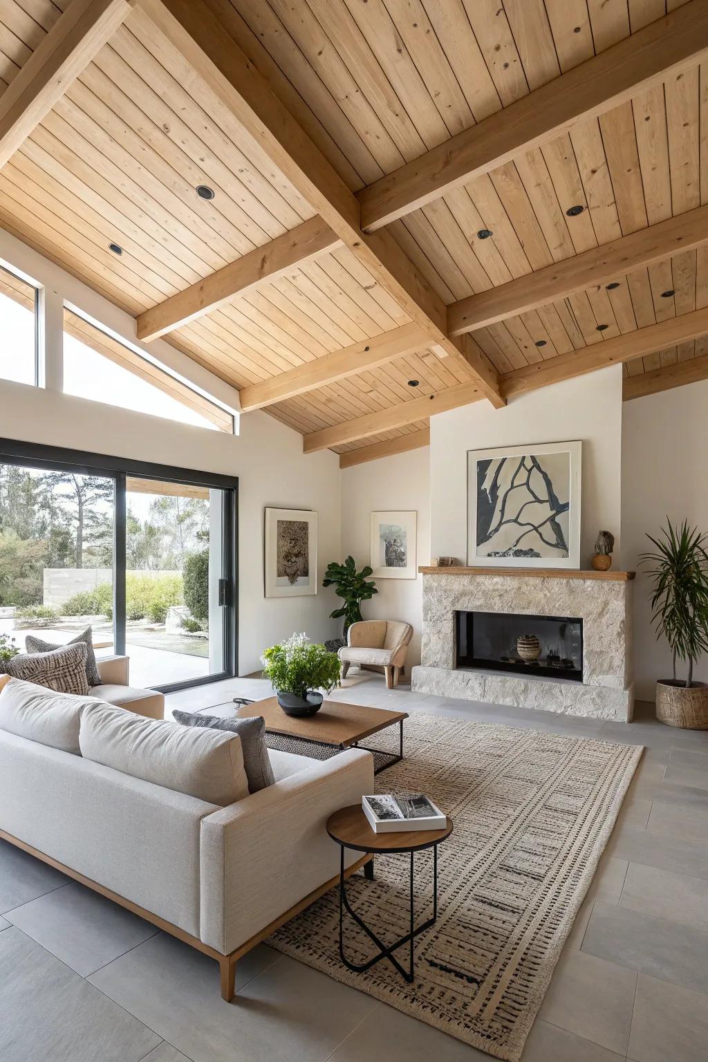 A modern family room with a stylish interpretation of pine clad ceilings.