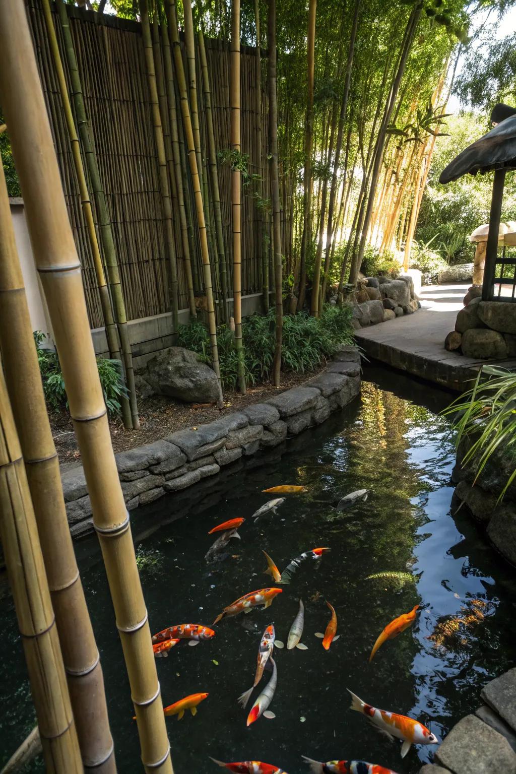 Bamboo shades add a rustic touch to a koi pond.
