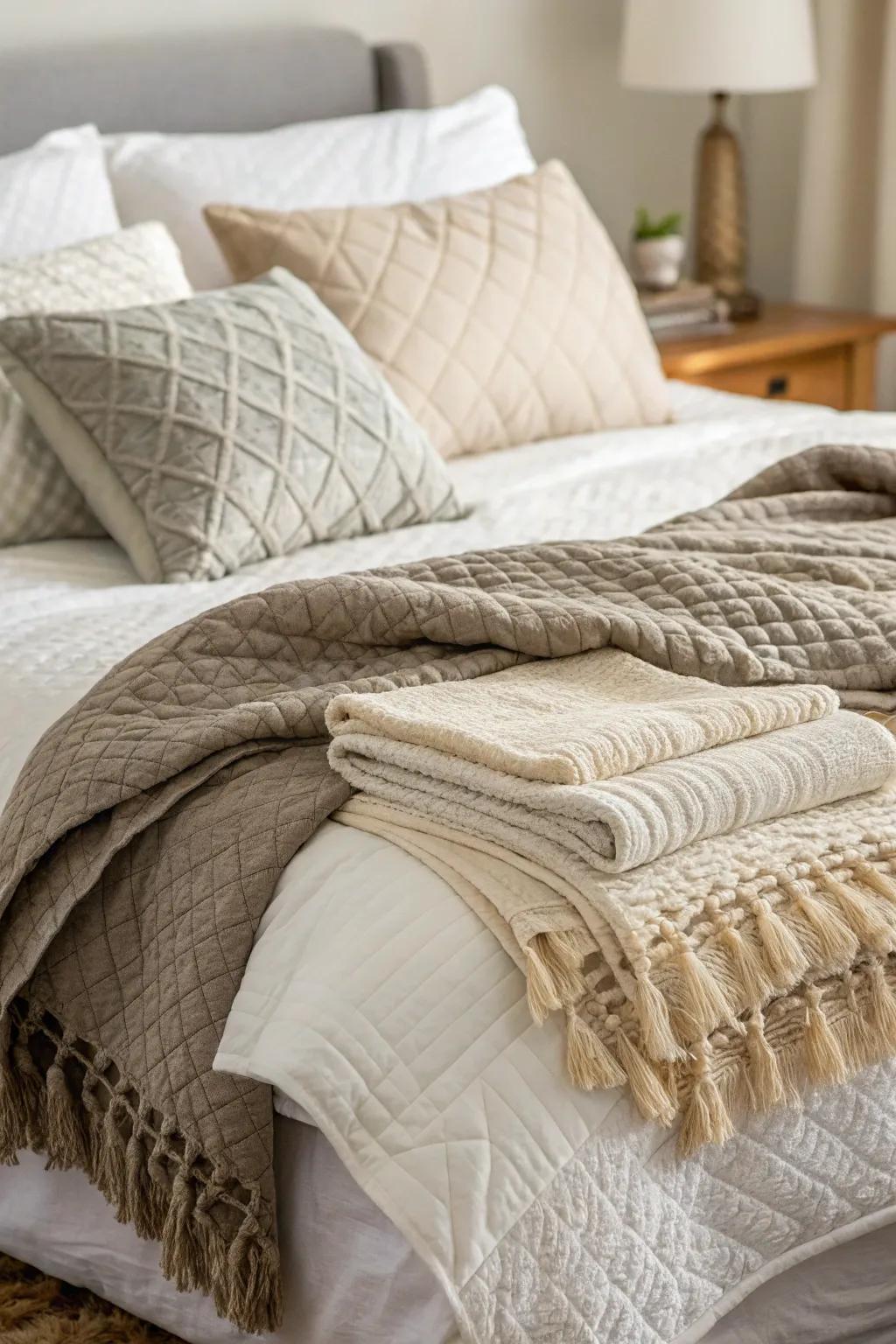 Varied textiles enrich the depth and comfort of the bedroom.