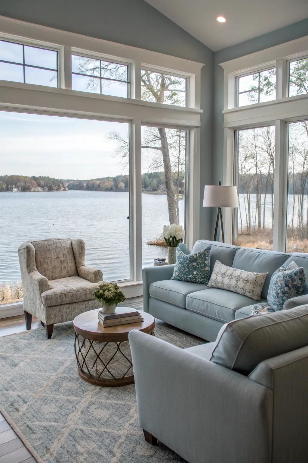 Subdued pigments simulate the calmness of the lake.