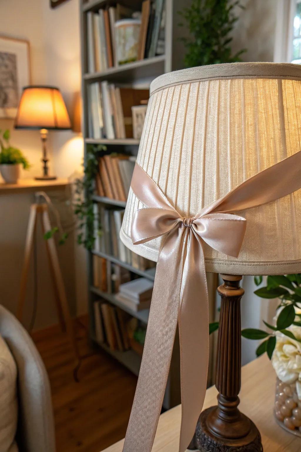 Realize a chic style through a ribbon-wrapped lampshade.
